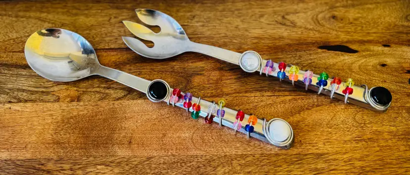 Stainless Steel Salad Serving Fork And Spoon Utensils With Embellished Handles