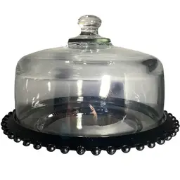 Black Glass Beaded Edge Cake Platter With Dome Lid 13”