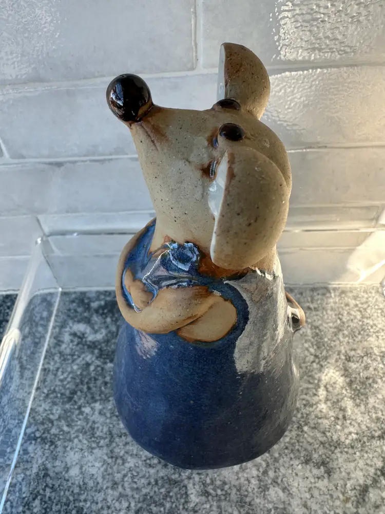 Studio Pottery Mouse Figurine - Blue Glaze Stoneware Handmade Folk Art 6" Tall