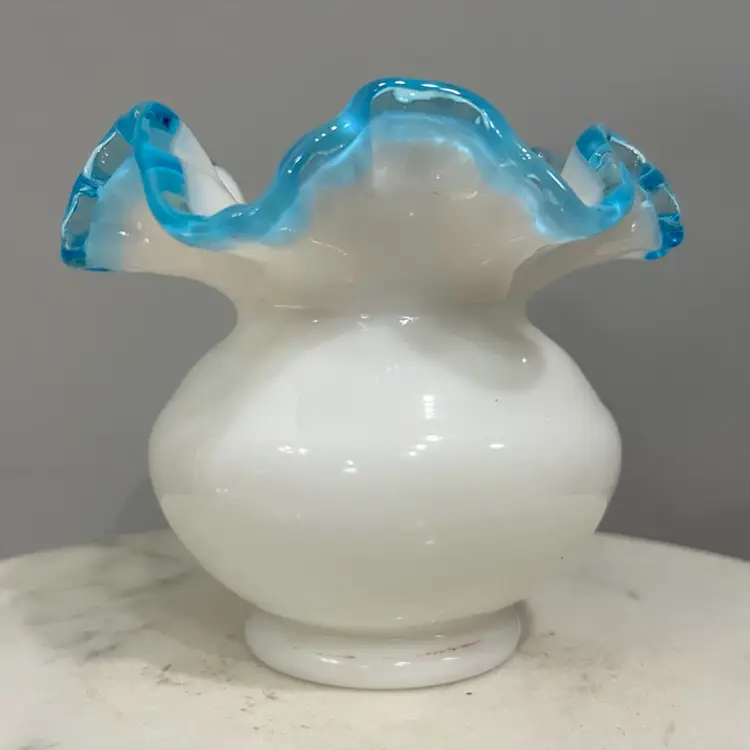 Vintage Fenton Aqua Crest Milk Glass Squat Vase Blue Ruffle Crimped Trim 4” Tall