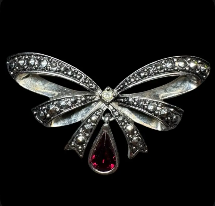 Vintage Signed Avon Marcasite Rhinestone Bow Brooch Red Dangle Silver Tone