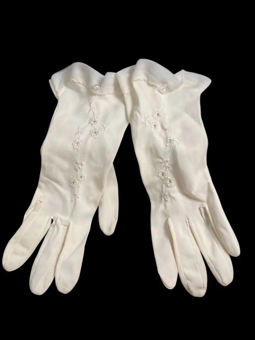 #01 Vintage Silk Like Small Size Gloves. Floral Cut Out, Button on Each Cuff