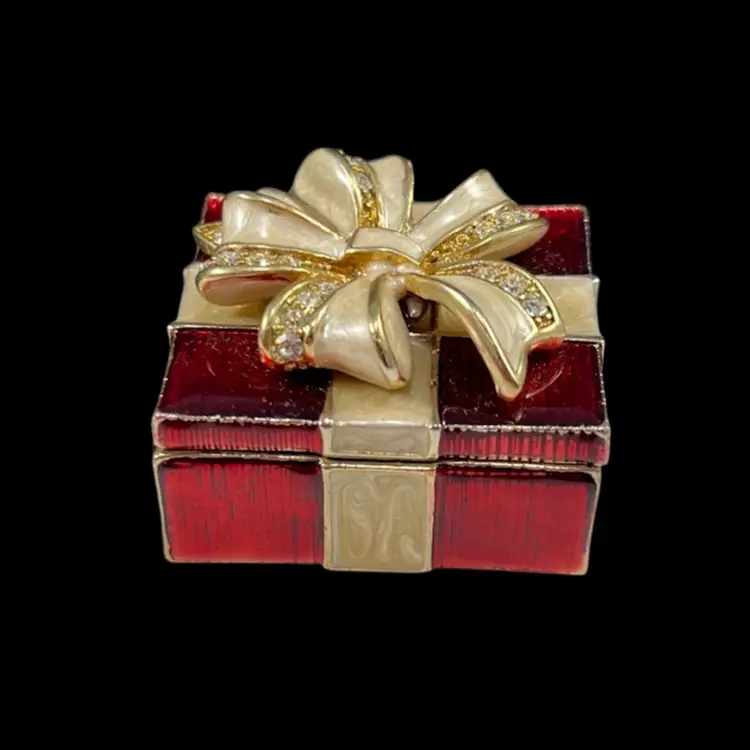 Monet Enamel Present Magnetic Trinket Box (1), Monet Collectible Box Gift With Rhinestones, Enamel Monet Keepsake Box, Red Present Trinket Box, Christmas Present Trinket Box