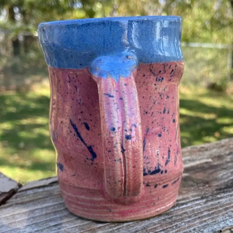 Handmade Pottery Mug, Pink & Blue Glaze. Artist Signed ZAP. 4”h x 4.75”w (including handle) And 8 Ounces.