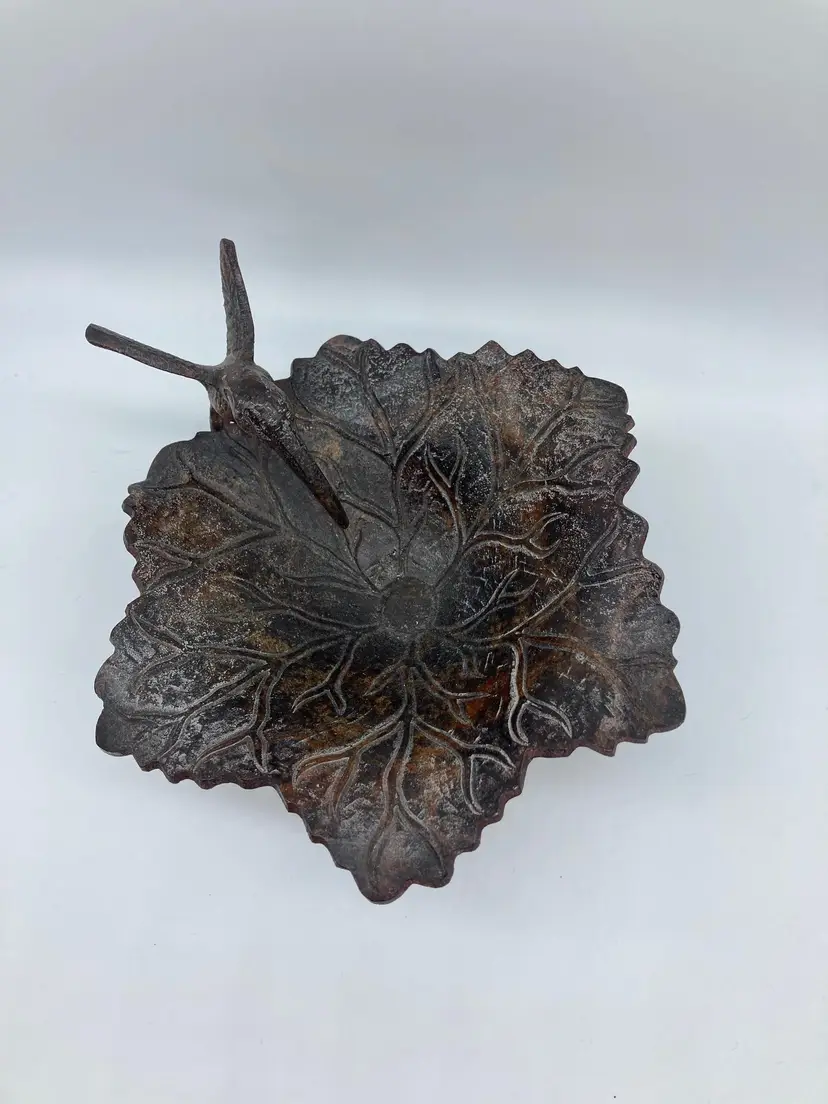 Vintage Cast Metal HUMMINGBIRD ON FLOWER Bronze Color Figurine Trinket Bowl / Yard Art