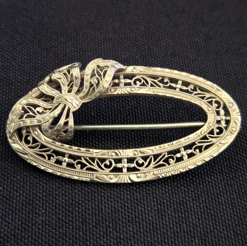 KREMENTZ Filigree Brooch Pin Edwardian Art Deco Bow Wreath 1½" Long Antique UNTESTED with Condition Issues