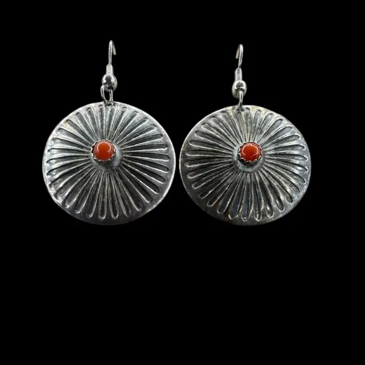 Vintage Navajo Sterling Silver And Red Coral Earrings