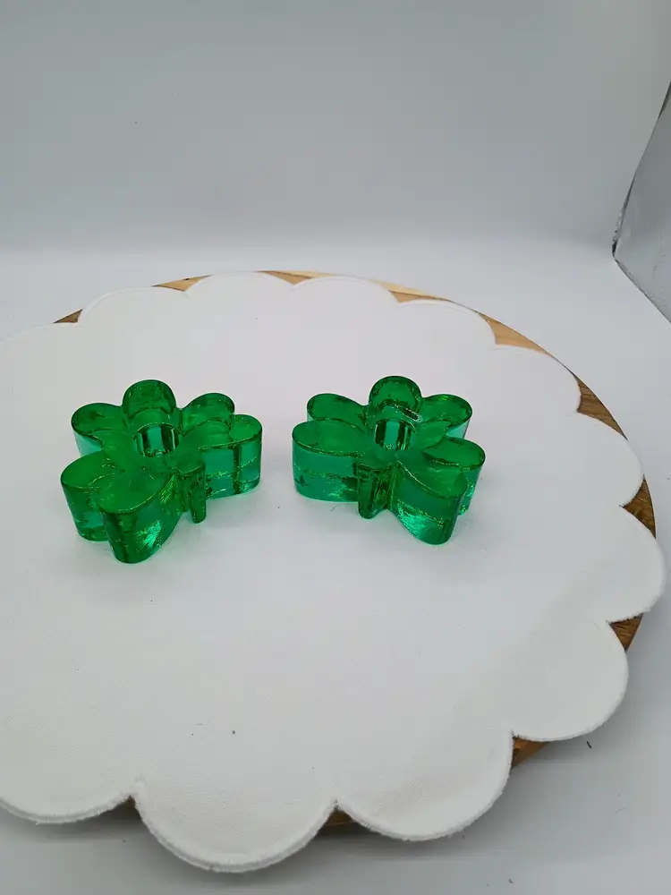 Green Glass Shamrock Pair (2) Candlestick Holders. St. Patrick's Day  AGC Inc