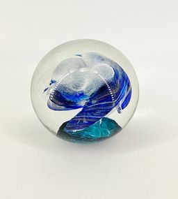 Handmade Polish Art Glass 3" Paperweight Teal Blue White Flower Burst