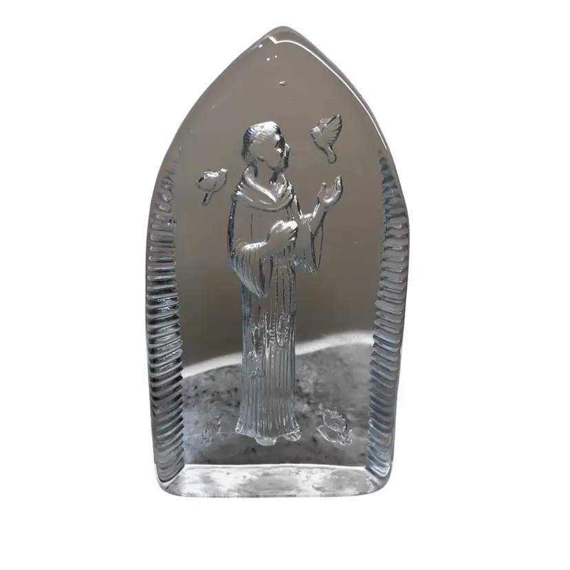 Vintage Clear glass St Francis decor Religious Prayer god Paperweight