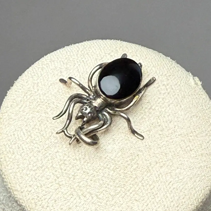 Vintage Sterling Silver 925 Spider Pendant Black Onyx Cabochon Body 8.09 Grams