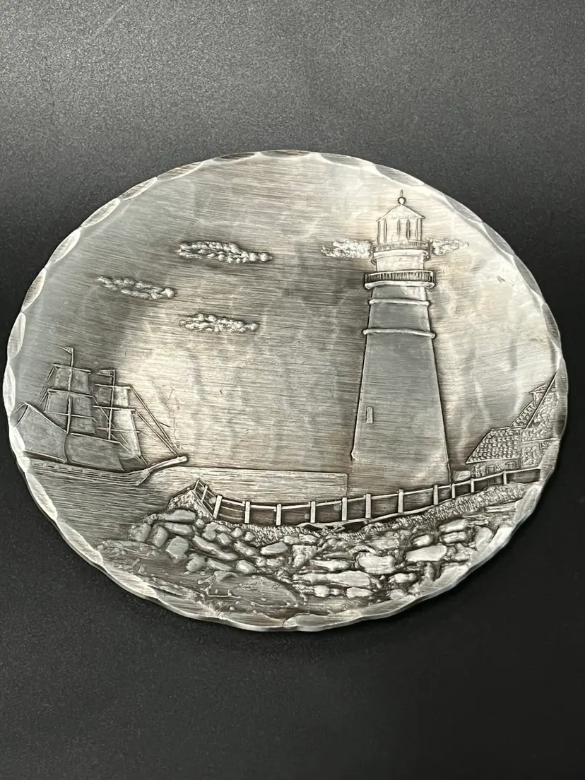 Vintage- American Forged- Nautical Wall Plate/trinket- Hammered Aluminum- Lighthouse, Ship- 5.75” Diameter