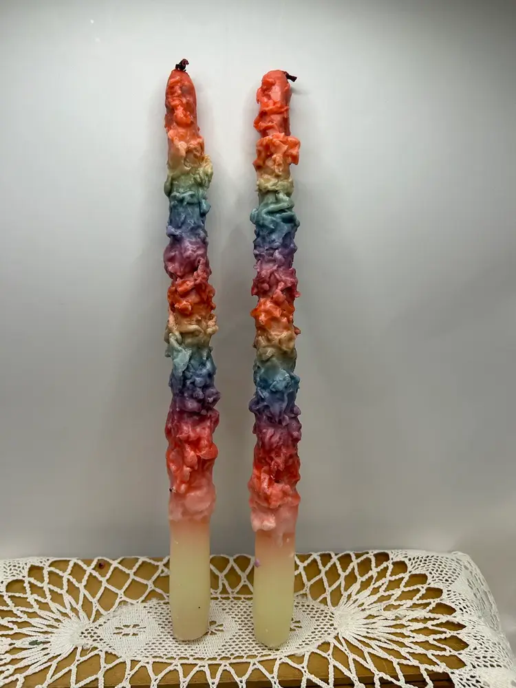 Vtg Colorful Rainbow 12” Drip Candles W/ Box