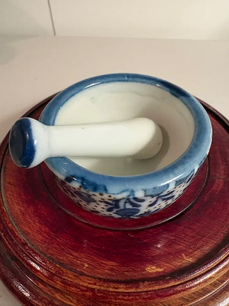 Mortar And Pestle Blue And White Miniature  Stoneware Polish Pottery