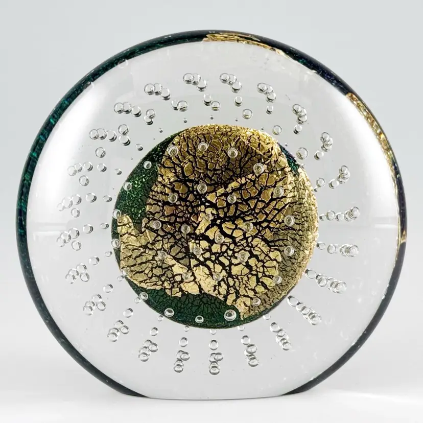 Robert Eickholt Hand-Blown Art Glass Paperweight, Dichroic Center with Gold Foil & Controlled Bullicante Bubbles, Vintage Handmade in USA