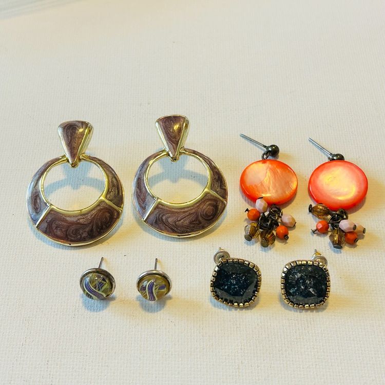 Vintage Lot Of 4 Sets Of Unsigned Pierced Earrings - Enamel Swirl, Mother Of Pearl Cha-Cha, Art Glass Button Stud, Faceted Glass Bezel