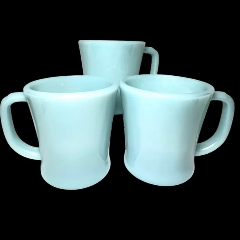 Turquoise/ Delphite Blue Fire-King Iconic D-Handle Coffee Cups Mugs. Set Of 3. Stamped On Bottom: OVEN Fire-King WARE MADE IN U.S.A. Vintage 1956-1958. 3-1/4” tall.