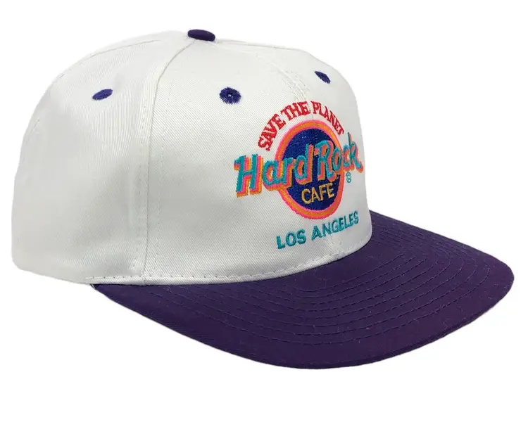 VINTAGE HARD ROCK CAFE SAVE THE PLANET LOS ANGELES CAP WHITE PURPLE SNAPBACK NOS