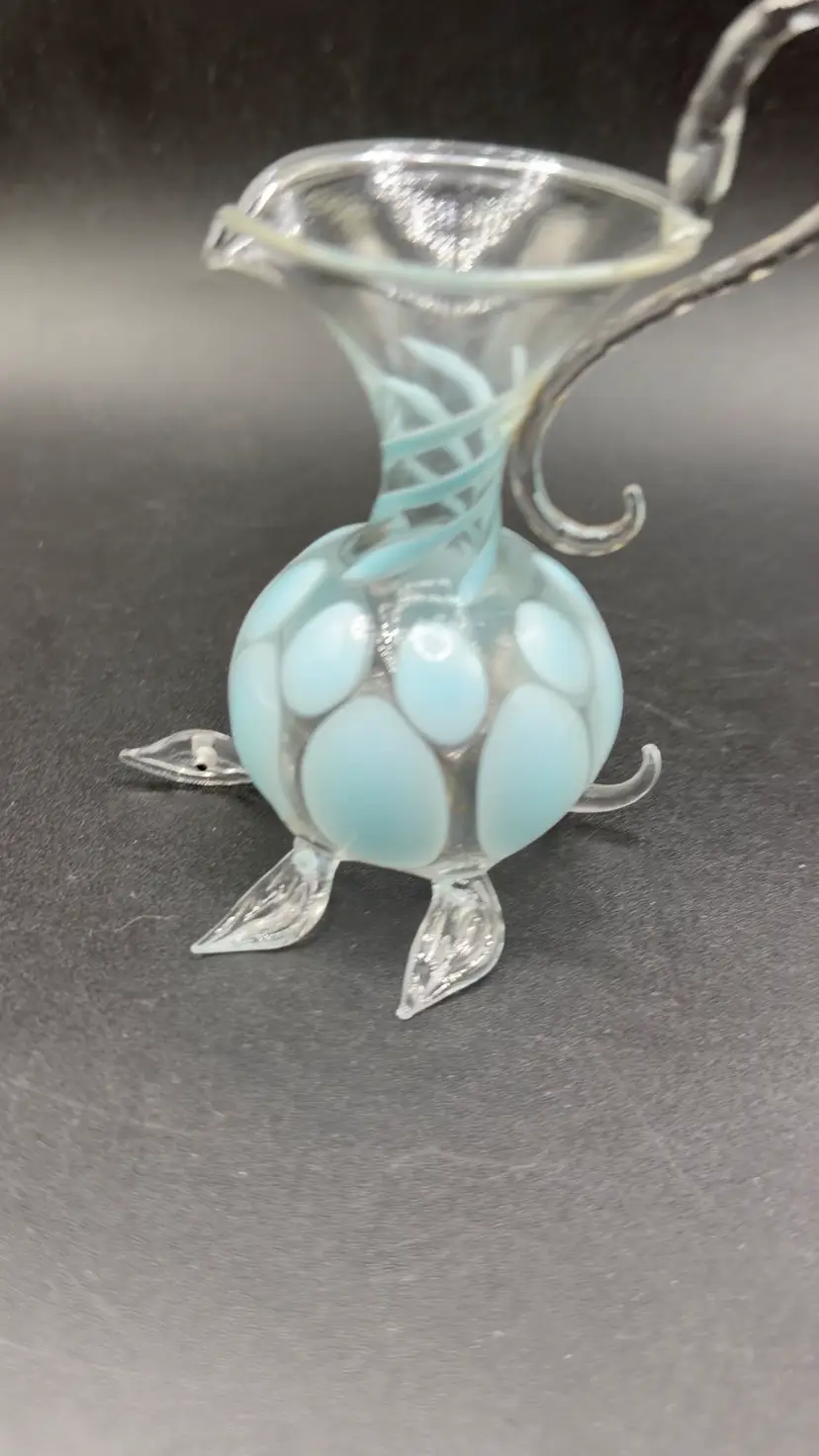 Vtg BIMINI Werkstatte MINIATURE Art Glass Blue Dot PITCHER With Turtle Feet RARE