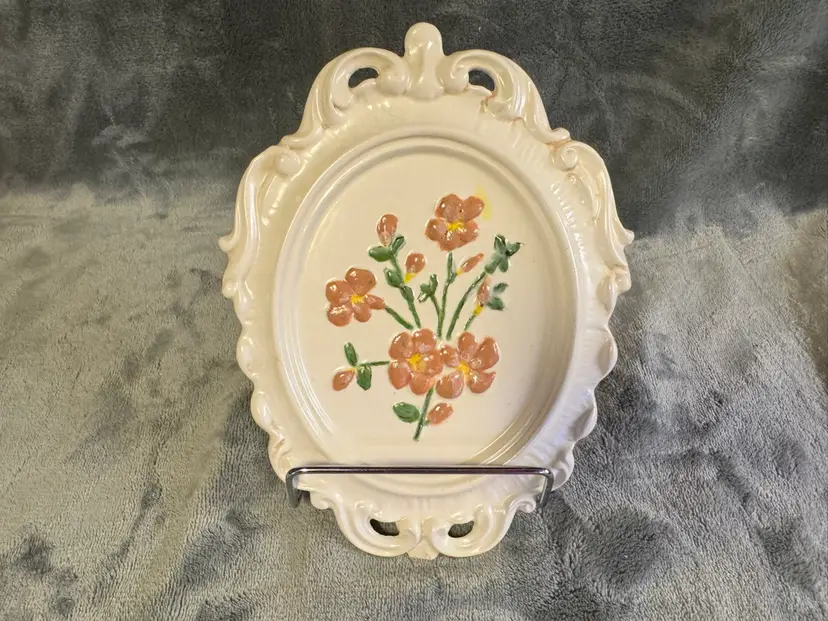 Vintage Studio Art Hobbyist Pottery Wall Hanging Cameo Hand Painted Pink Flowers