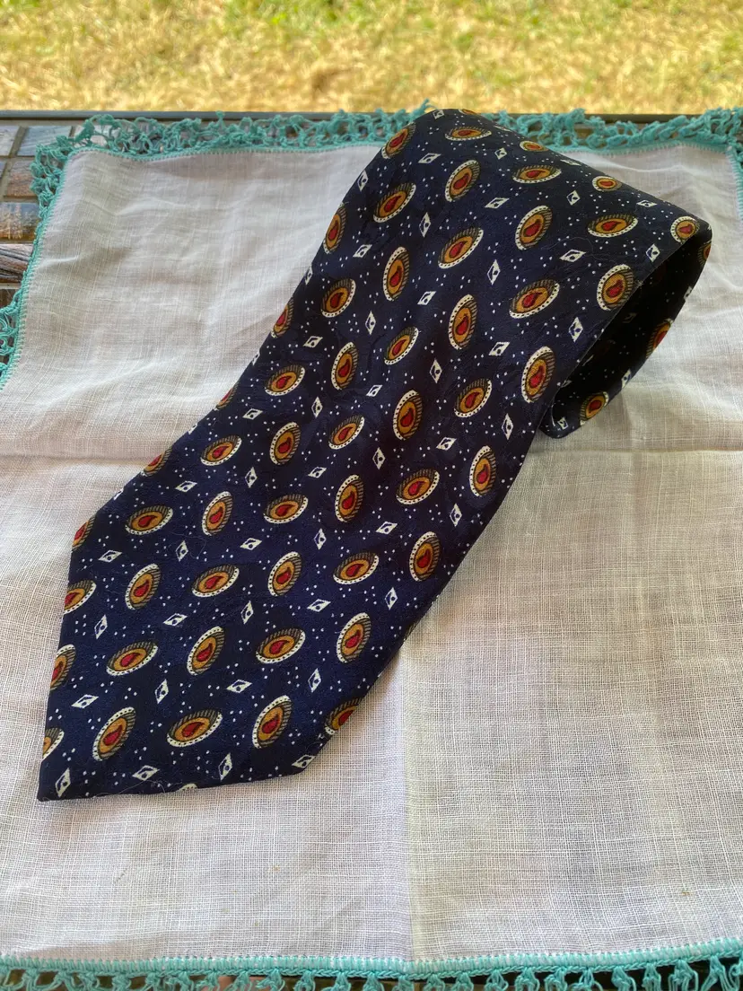 Vintage Christian Dior Monsieur Polyester Navy Blue Decorative Oval and Diamond Pattern Tie 57.75" x 3.75"