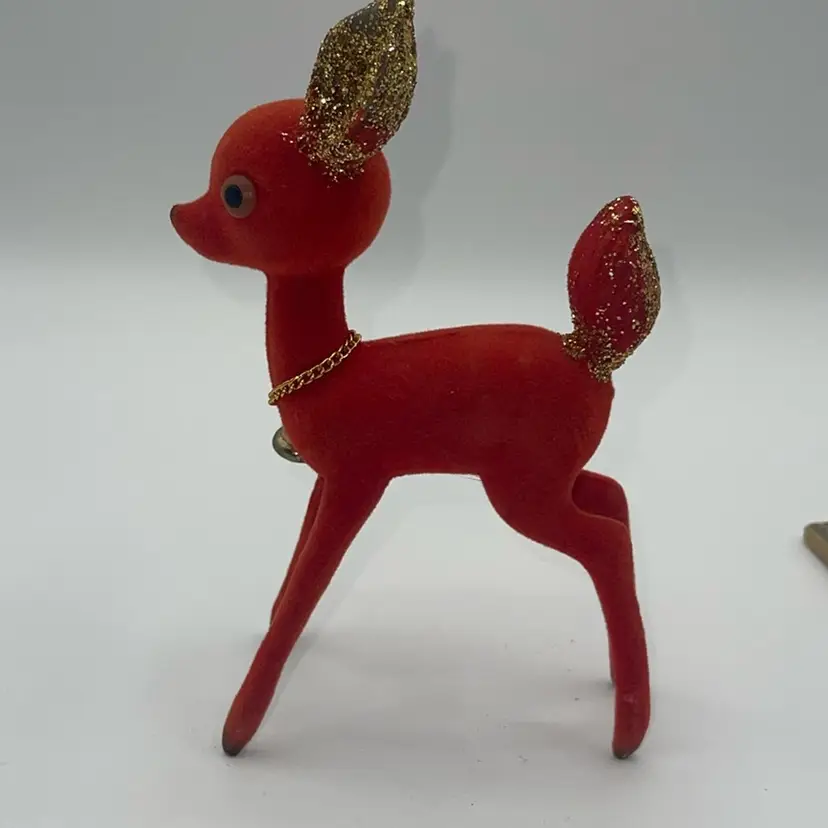 Vintage INARCO Red Reindeer Flocked Deer Christmas MCM JAPAN Jingle Bell 6.5"