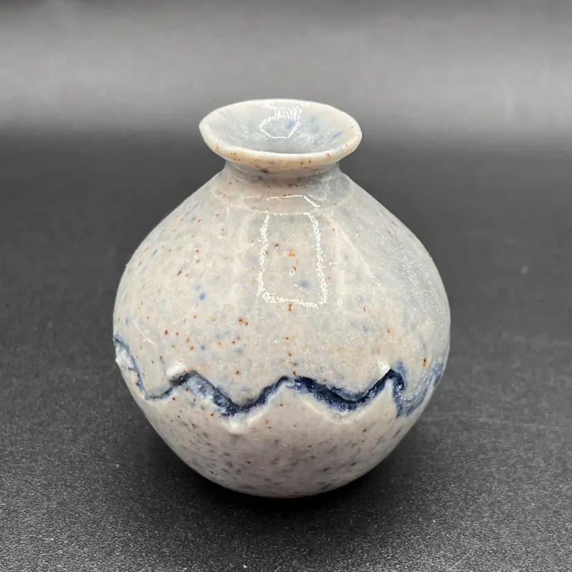 #14 Signed Blue Speckled Etched Art Pottery Mini Weed Pot 2”