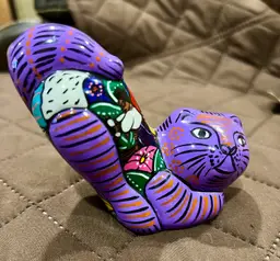 Hand Painted Mexican Purple Folk Art Red Clay Cat Figurine with Bird And Flowers