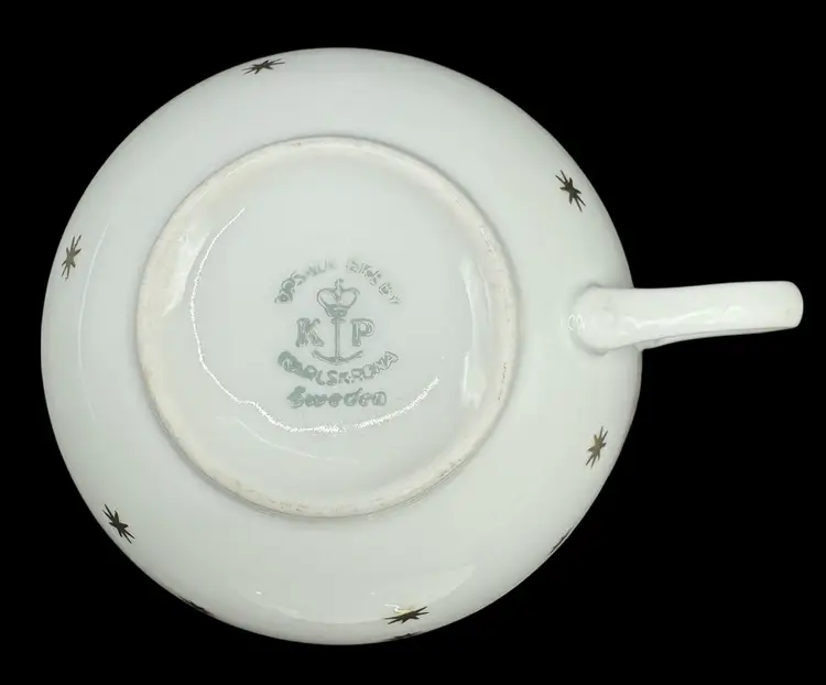 Vintage Upsala Ekeby Sweden China Demitasse Tea Cup Saucer Set White Gold Star