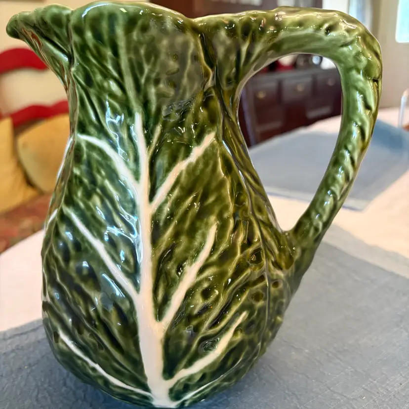 Vintage Olfaire Portugal Majolica Green Cabbage Leaf Pitcher