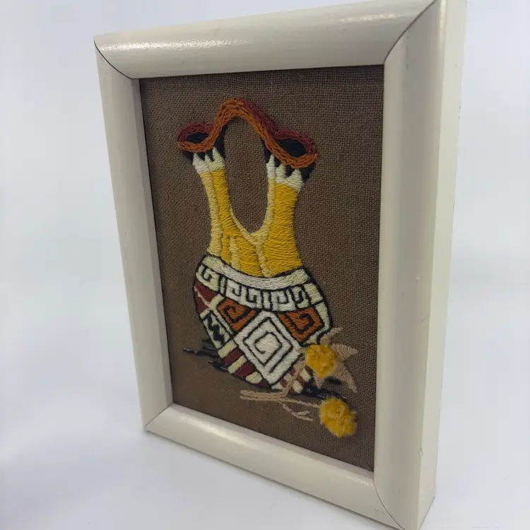 Native American Wedding Vase Vtg Framed Crewel 8x6