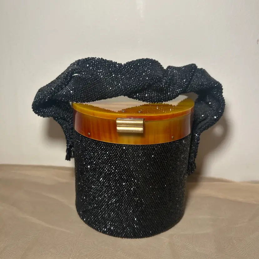 Stunning 1940’s Bakelite beaded bucket bag with crisscross beaded strap