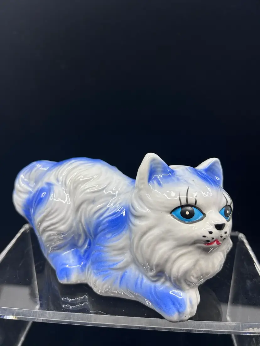 Vintage Blue Eyed Long Lashes Ceramic Long Hair Blue & White Cat Figurine