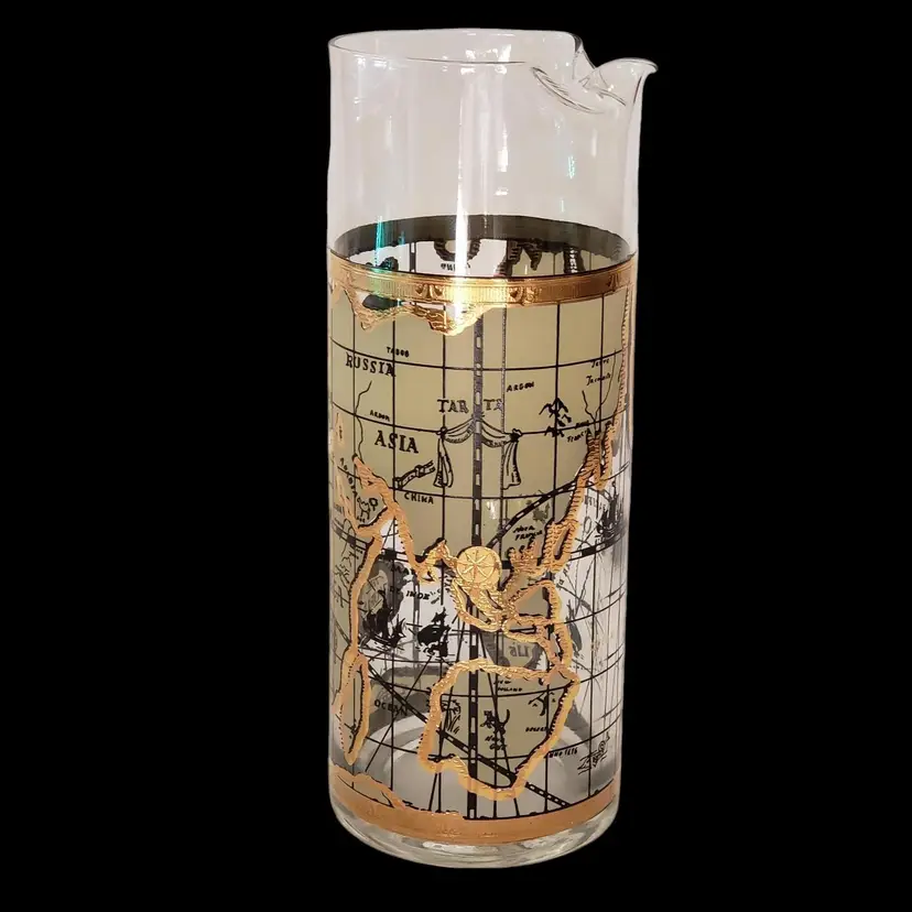 Barware Glass Cera Old World Maps Martini Pitcher Beaker 7¾" Tall 1960's Vintage