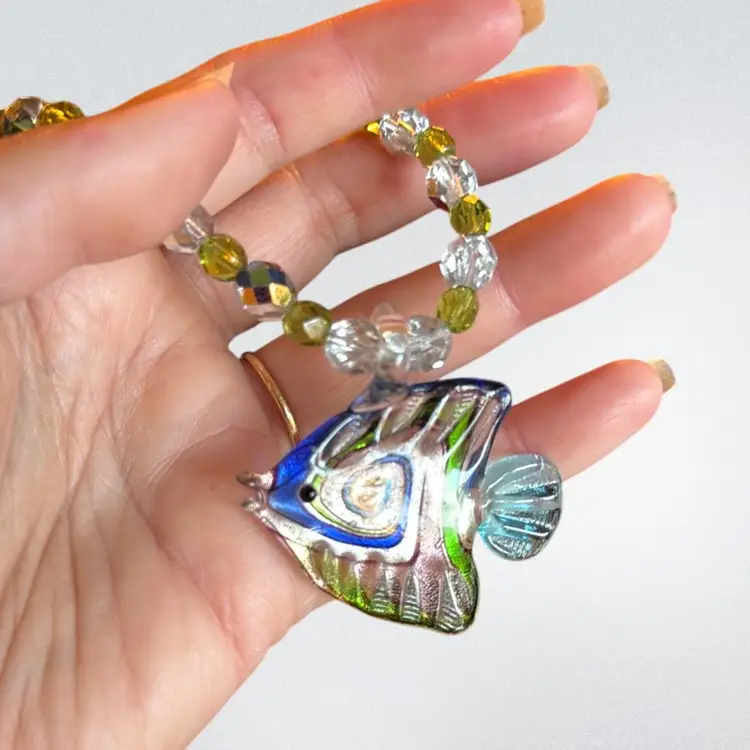 Artisan Made Art Glass Fish 2” on Aurora Borealis Crystal Necklace 18”