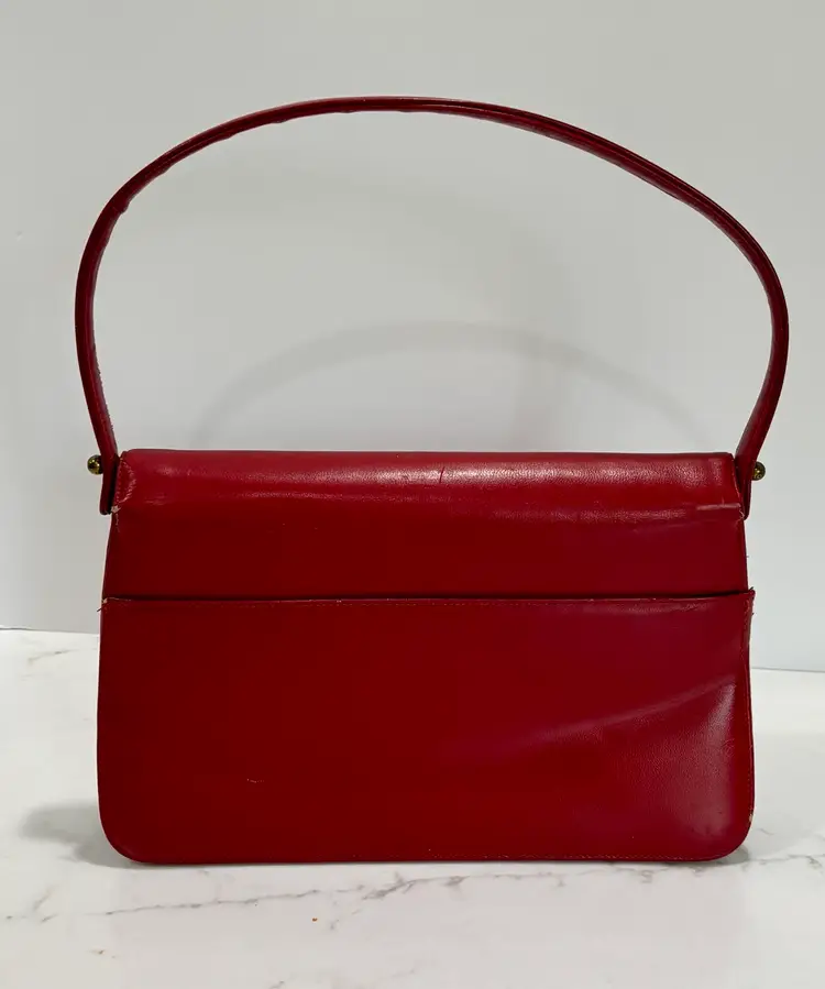 Vintage 1950s 60s Red Leather Evening Handbag Purse Brass Hardware
