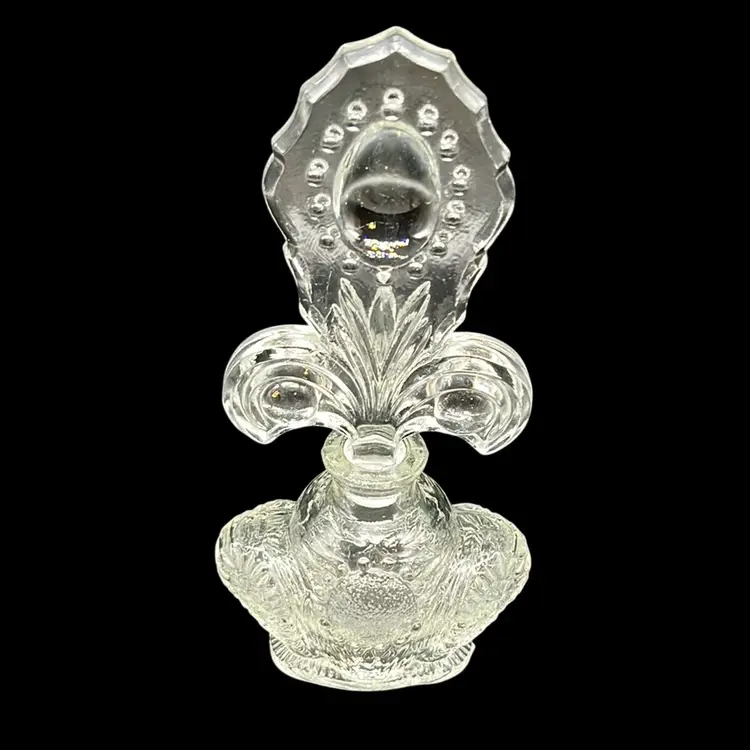 Art Deco Clear Glass Fleur De Lis Perfume Bottle w Stopper | 7.75” **Read