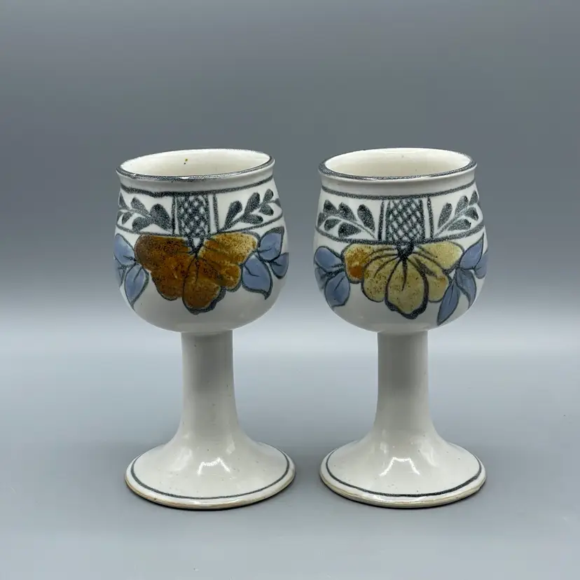 Pair of 2 Mexican Pottery Style Goblets Unsigned Unmarked Hand Painted Florals