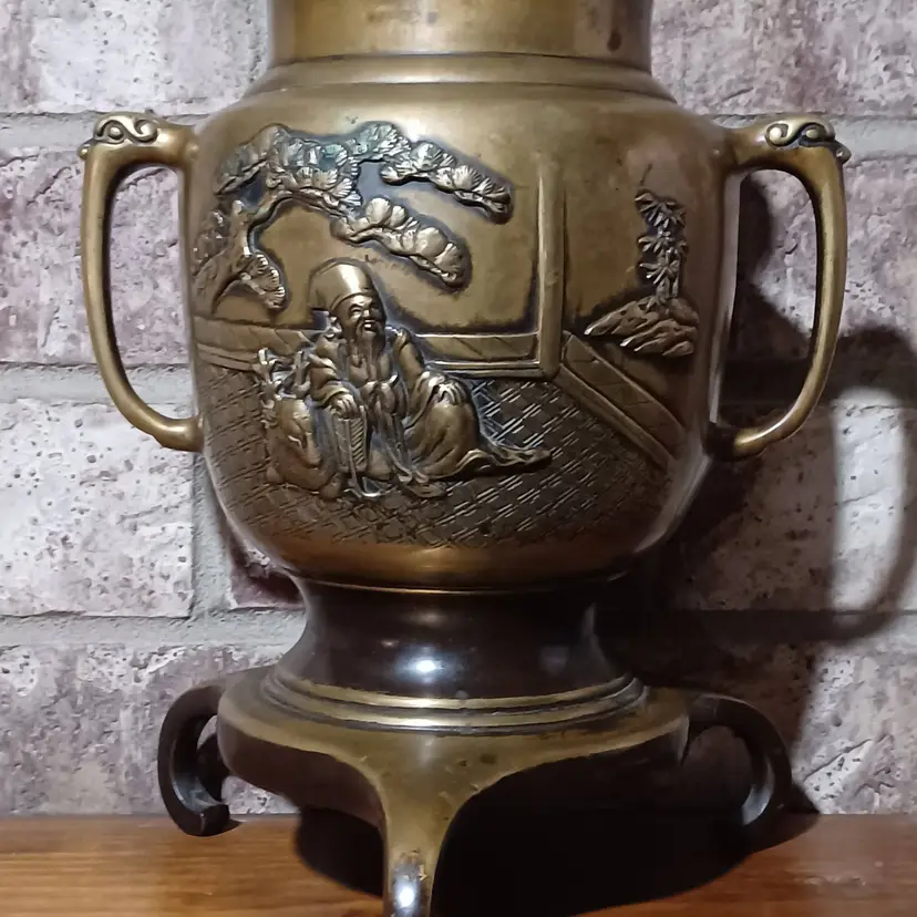 Vintage Japanese Bronze Usubata Vase Ikebana Relief Man Deer Stamped 9.5"