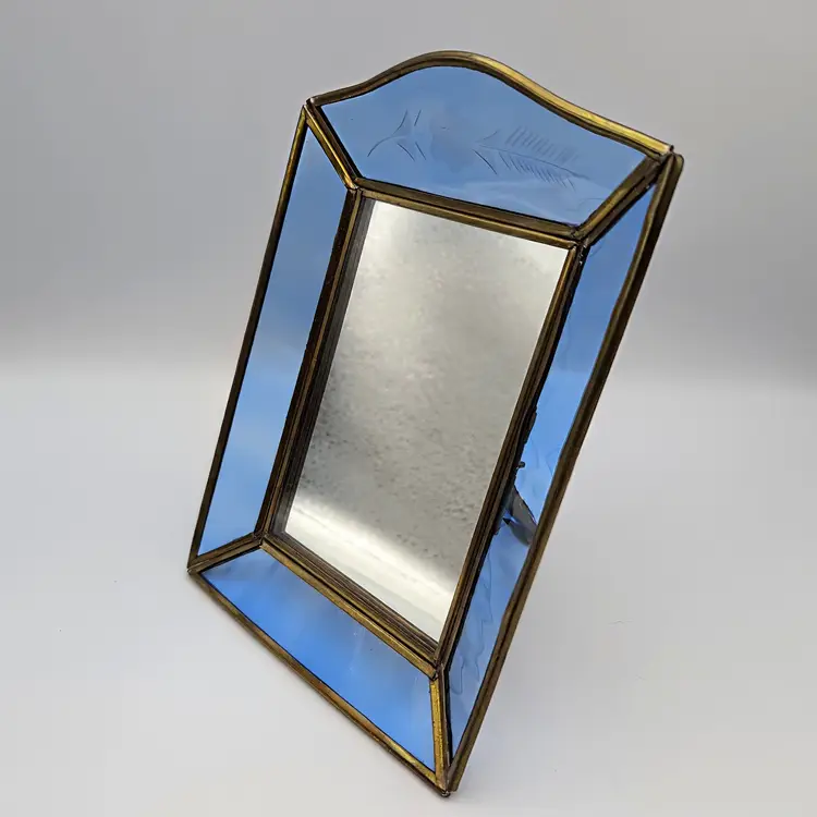 Via Vermont Stained Glass Periwinkle Blue Mirror Photo Table Top Frame