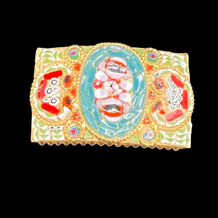 Vtg Italian Micro Mosaic Rectangular Curved Pin Brooch Multicolor Flowers As Is