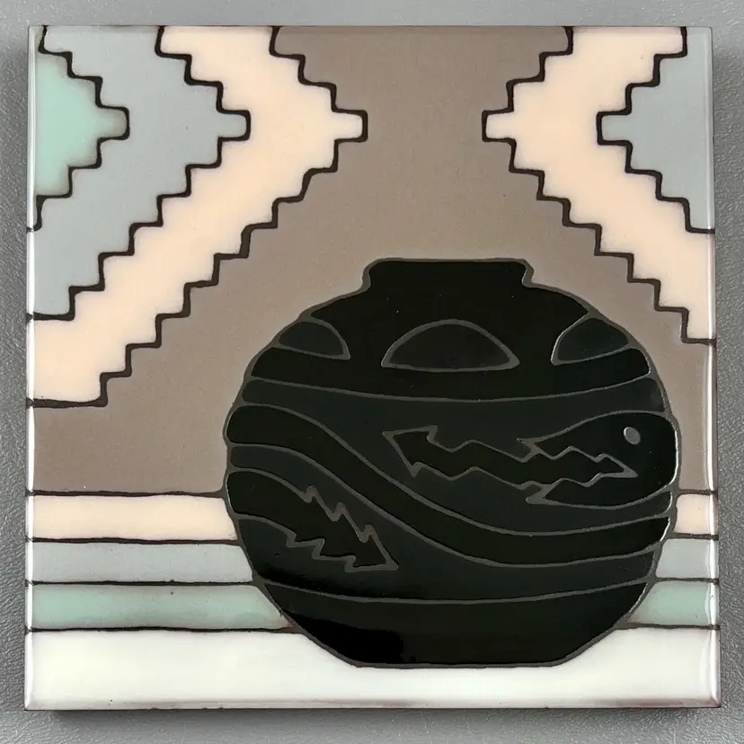 Vintage Ceramic Tile Trivet 6” Native American Black Vase Masterworks USA