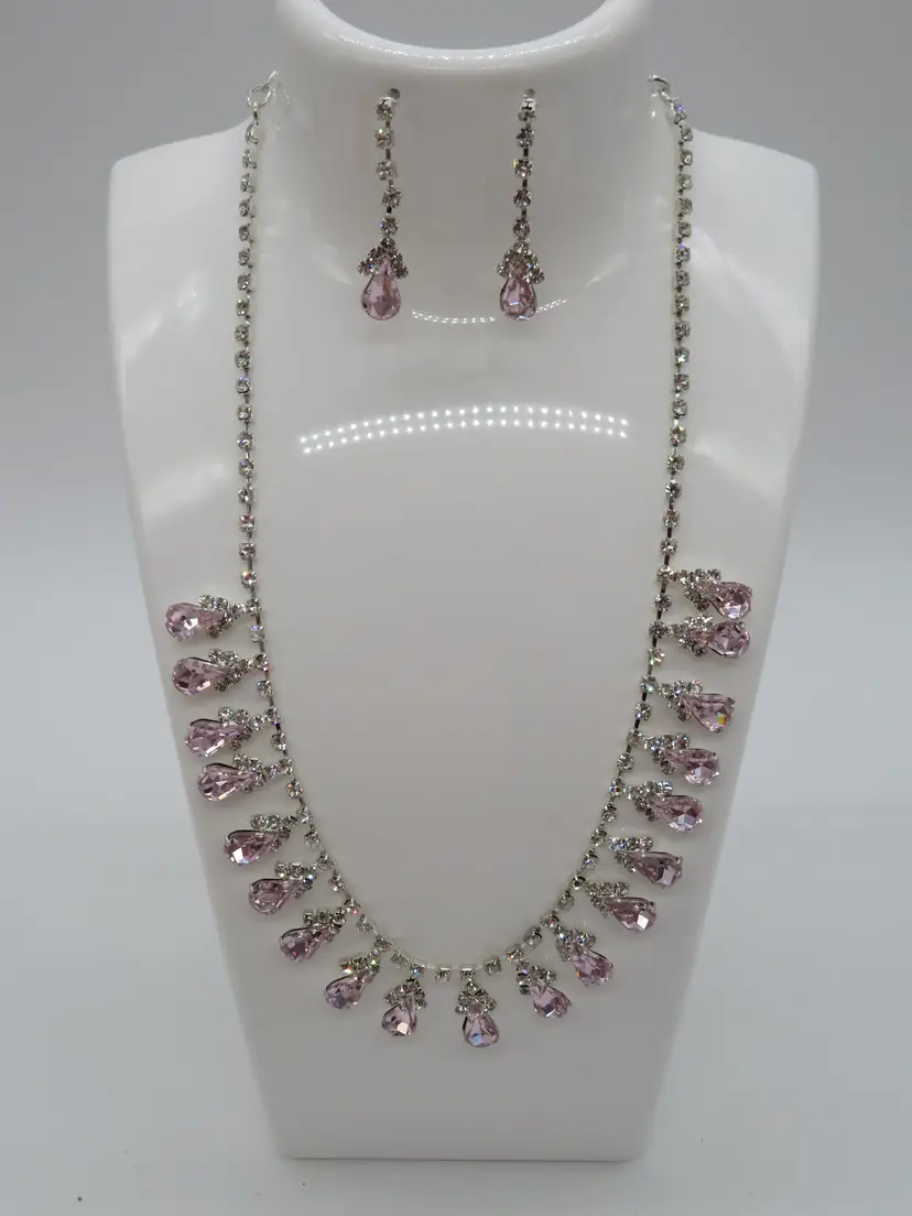 VTG 1990's 3-Piece Set Pink Clear Crystal Necklace & Drop Earrings set
