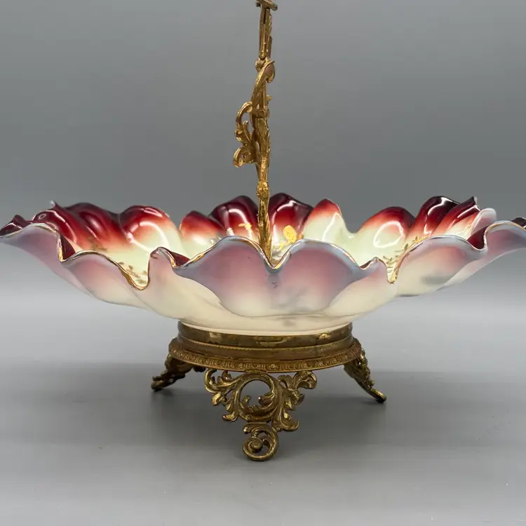 Antique Glass Victorian Custard Glass Ruffled Bridal Basket Fluted Bowl w/ Brass Stand and Handle | Uranium Glass