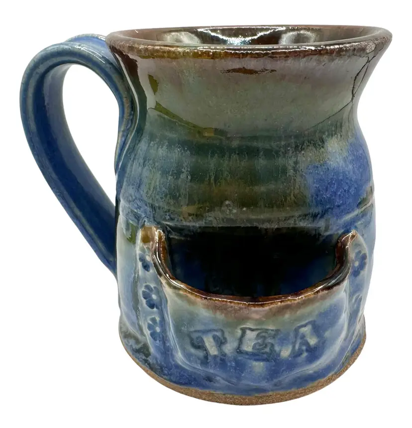 Signed Handmade Studio Art Pottery Tea Bag Holder Mug Blue Stamped 4.25”
