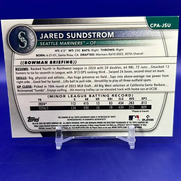 Jared Sundstrom 2025 Bowman Chrome 1st Auto Speckled/299 Seattle Mariners