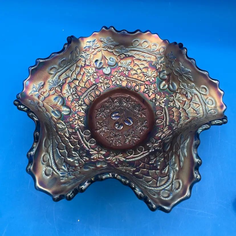 Antique Fenton Carnival Glass ‘Cherry Chain’ Pattern Ruffled Bowl With Cobalt Base.