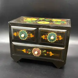 Vintage Hand Painted Black Lacquer Floral Jewelry Chest