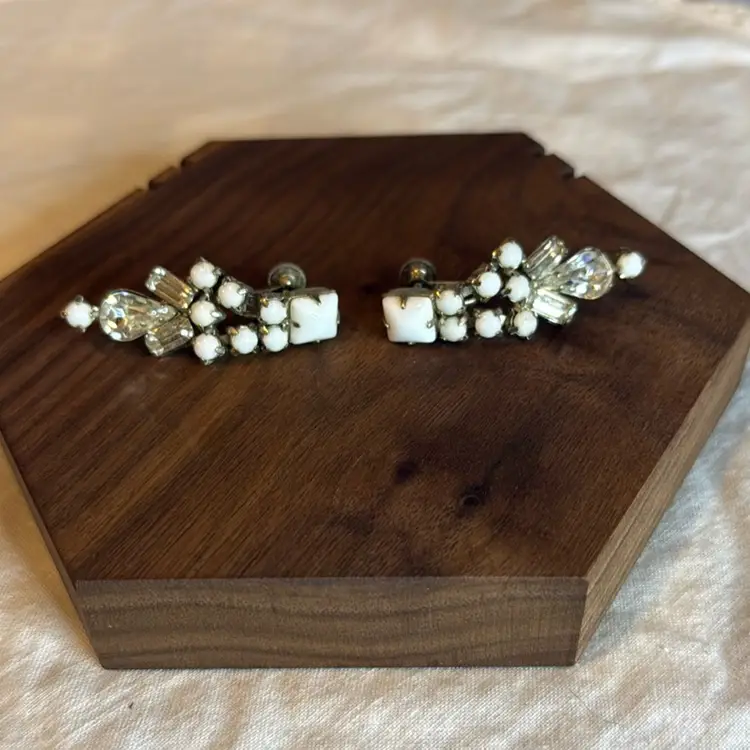 Screw-Back Milk Glass & Rhinestone Earrings