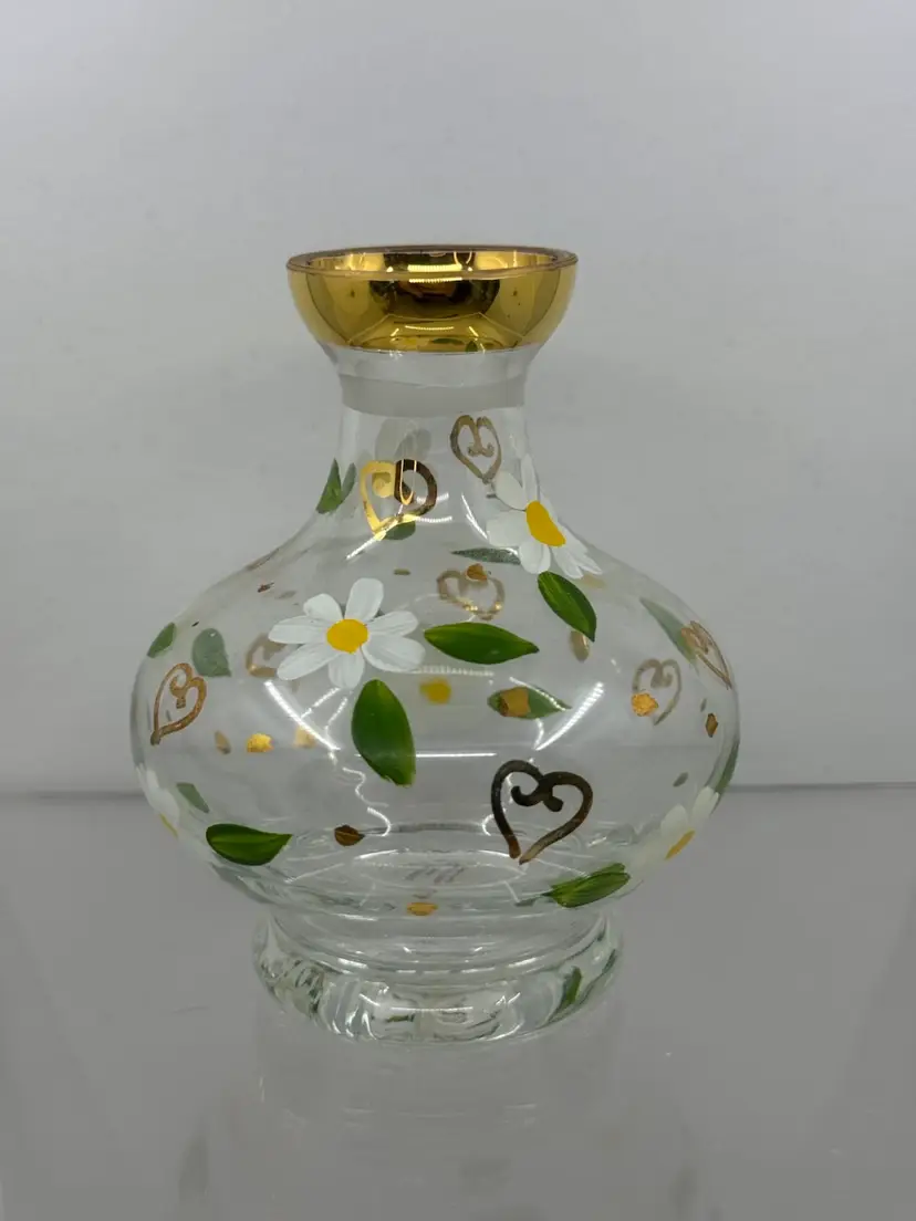 Sweet Floral/heart Design Glass Vase, 4.5” Made In Italy